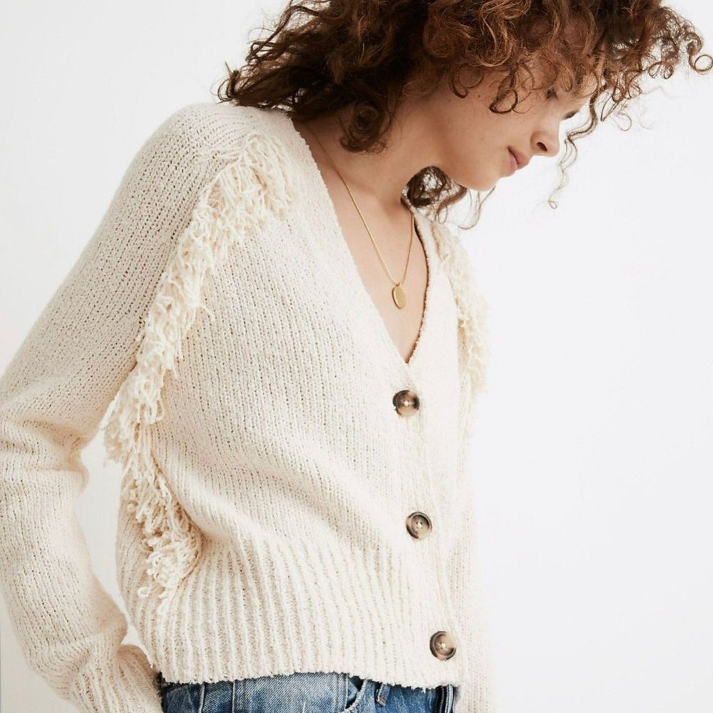 Madewell Chatterton Fringe Cardigan Sweater Ivory Button Down Women's Size XXS